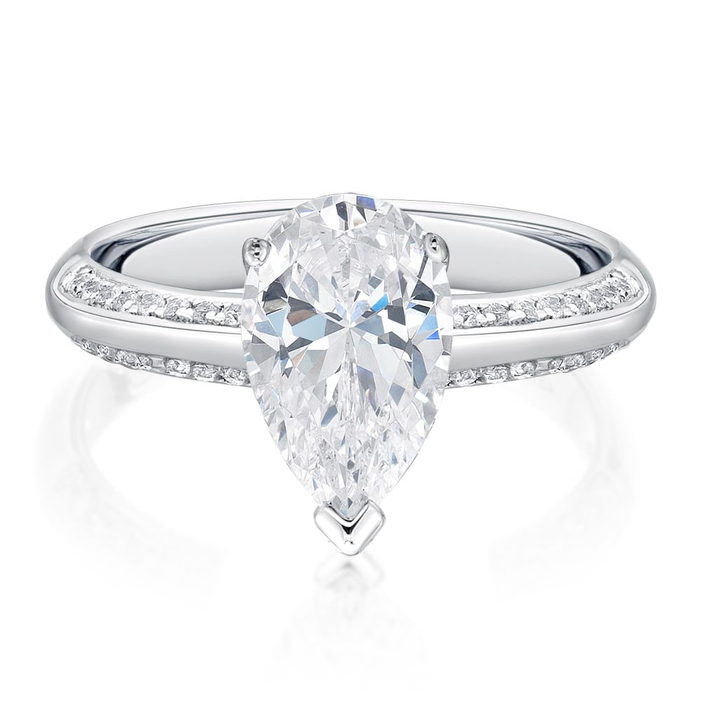 Pear and Round Brilliant shouldered engagement ring with 2 carats* of diamond simulants in 14 carat white gold