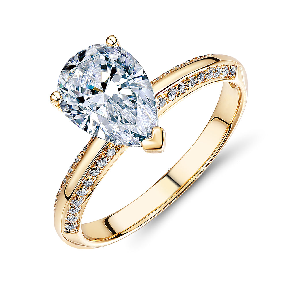 Pear and Round Brilliant shouldered engagement ring with 2 carats* of diamond simulants in 14 carat yellow gold