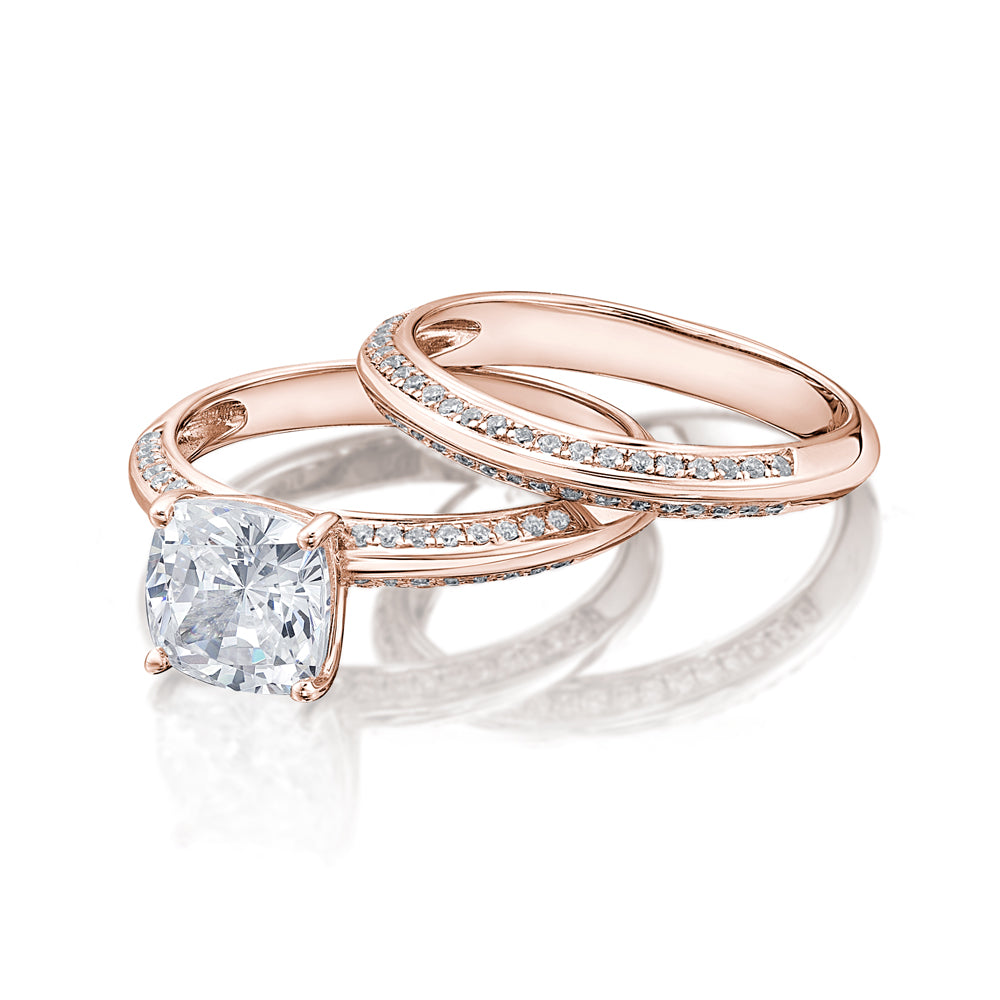 Cushion Cut Knife Edge Engagement Ring and Band Set in Rose Gold