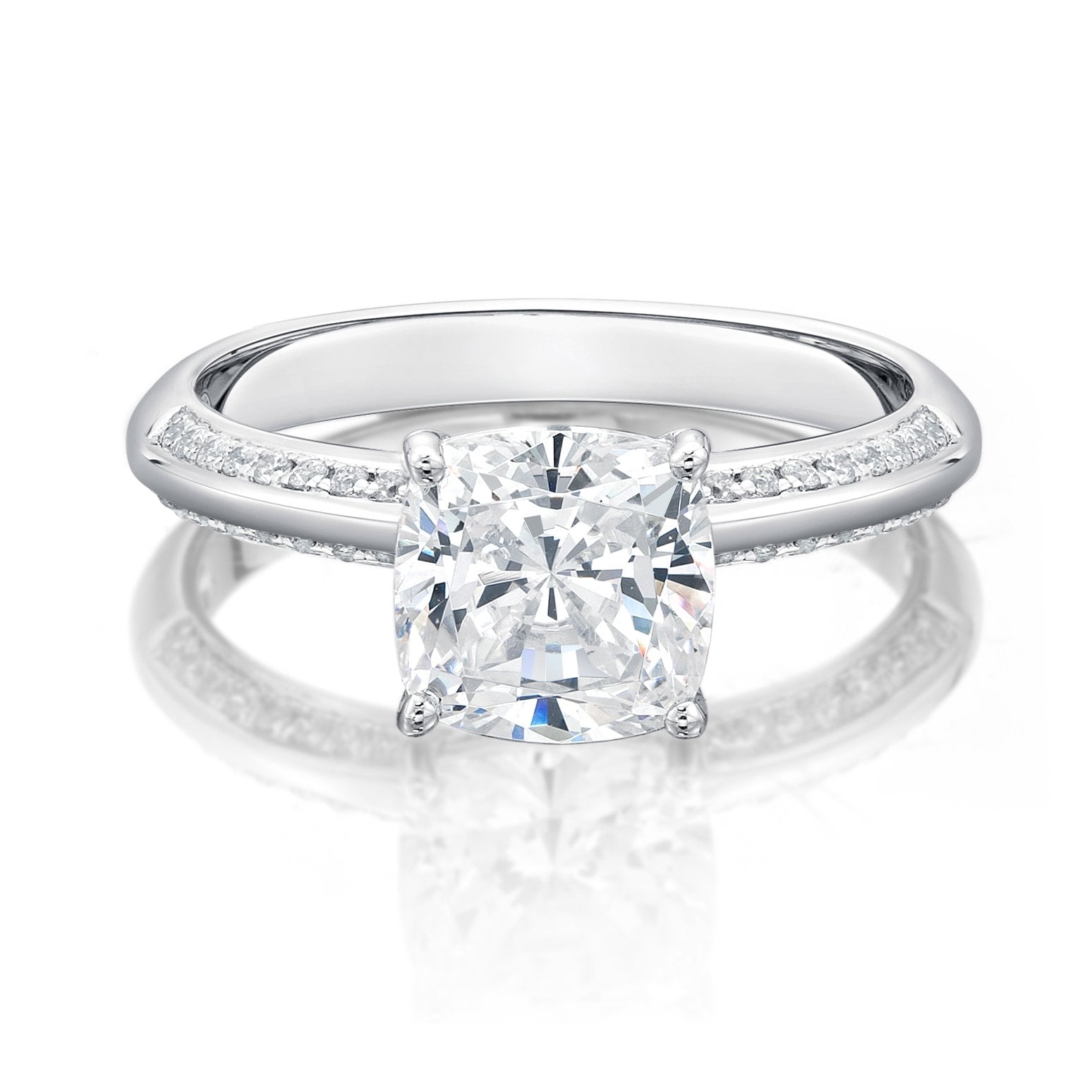 Cushion and Round Brilliant shouldered engagement ring with 1.87 carats* of diamond simulants in 14 carat white gold
