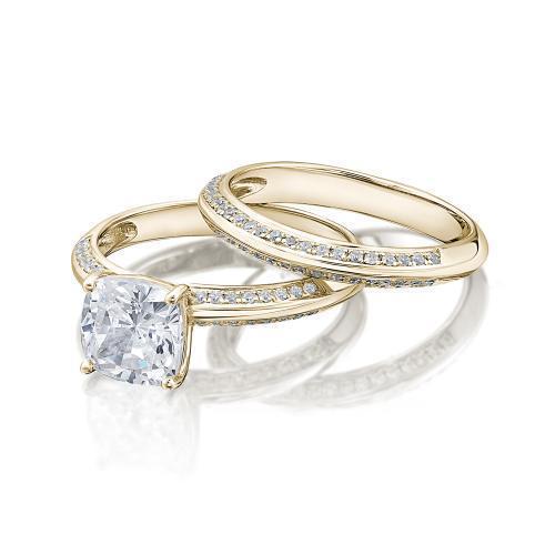 Cushion Cut Knife Edge Engagement Ring and Band Set in Yellow Gold