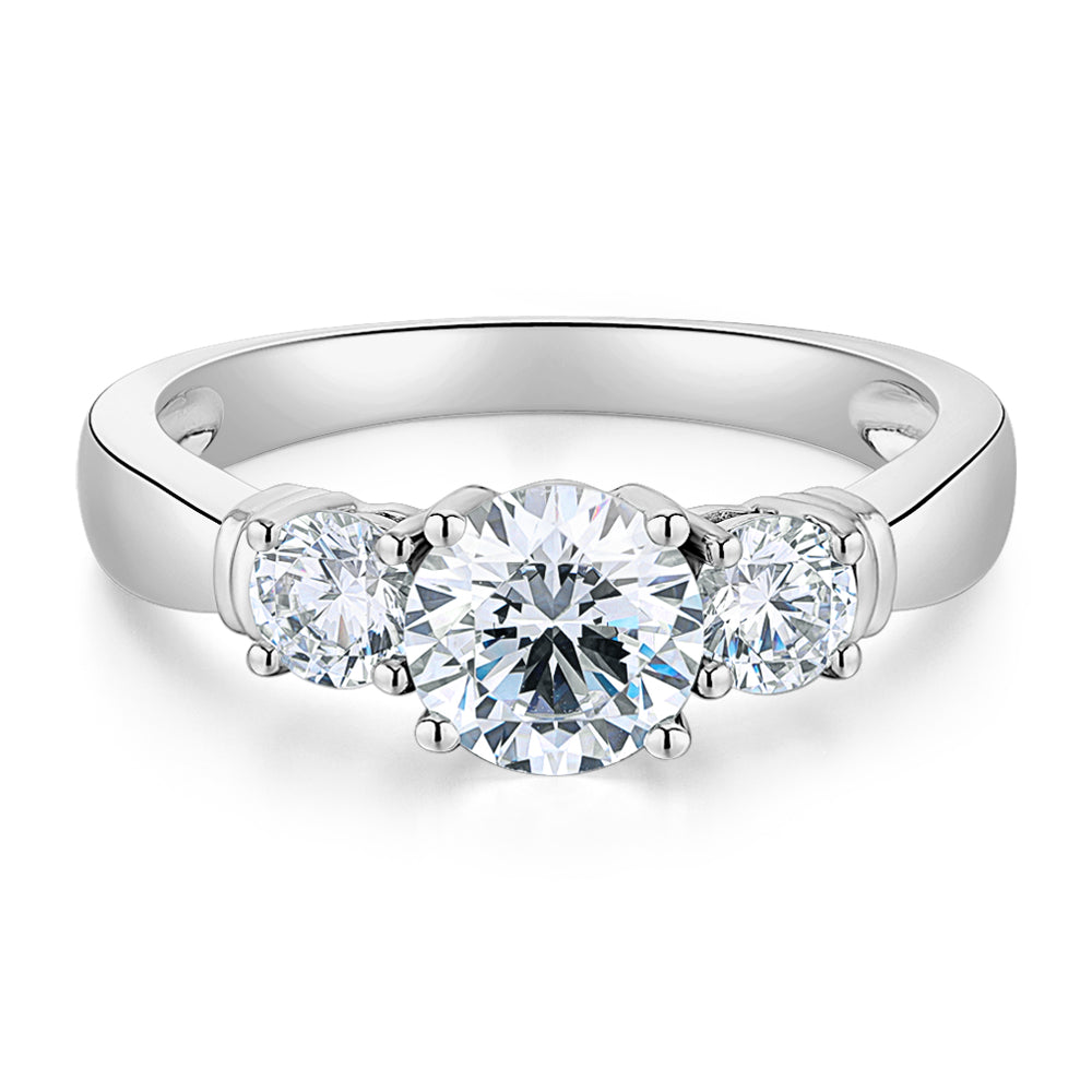 Three stone ring with 1.53 carats* of diamond simulants in 14 carat white gold