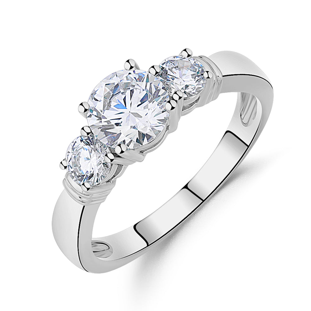 Three stone ring with 1.53 carats* of diamond simulants in 14 carat white gold