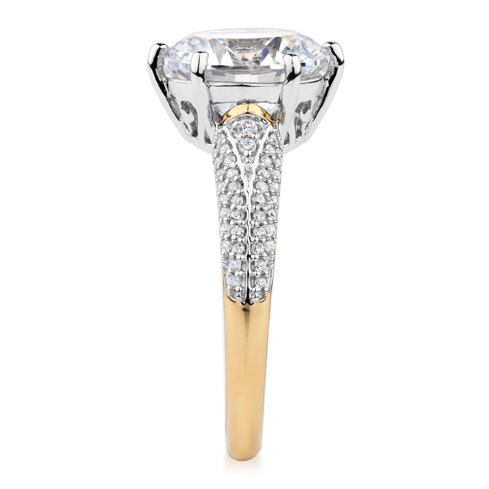 Round Brilliant shouldered engagement ring with 4.08 carats* of diamond simulants in 10 carat yellow and white gold