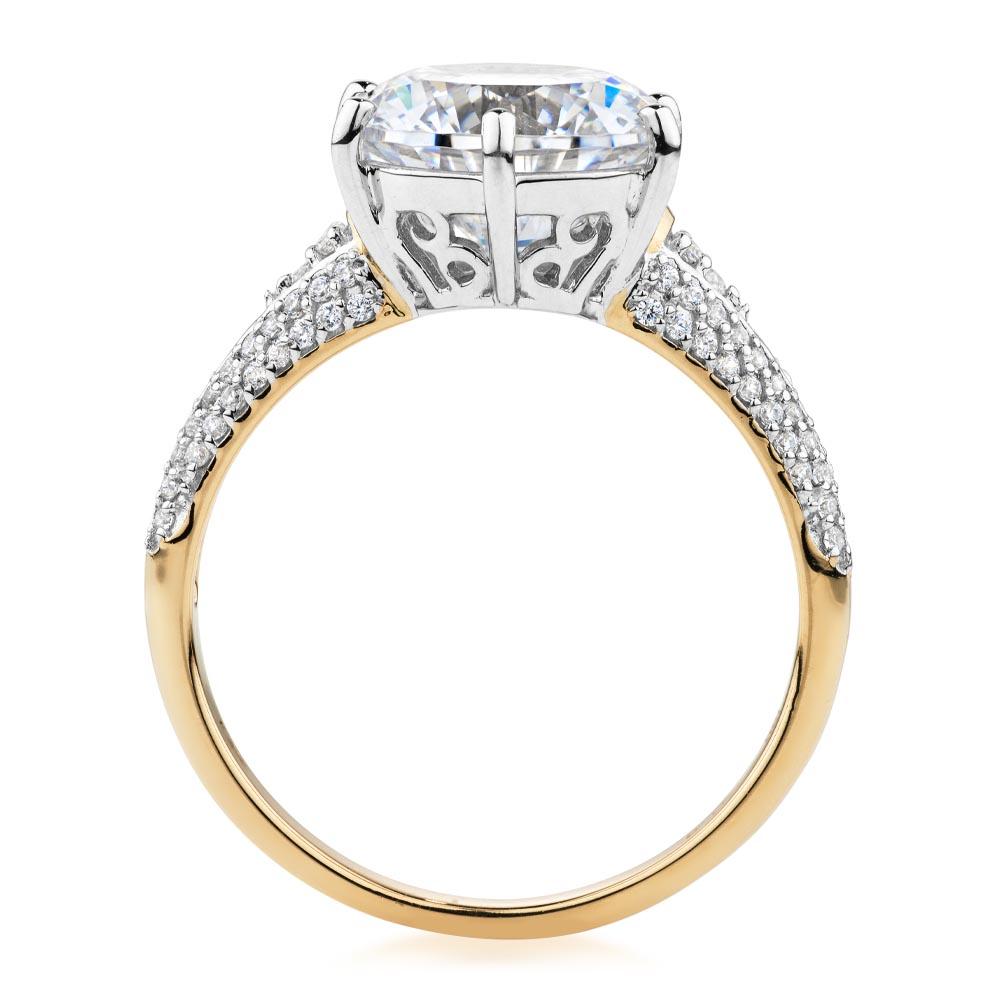 Round Brilliant shouldered engagement ring with 4.08 carats* of diamond simulants in 10 carat yellow and white gold
