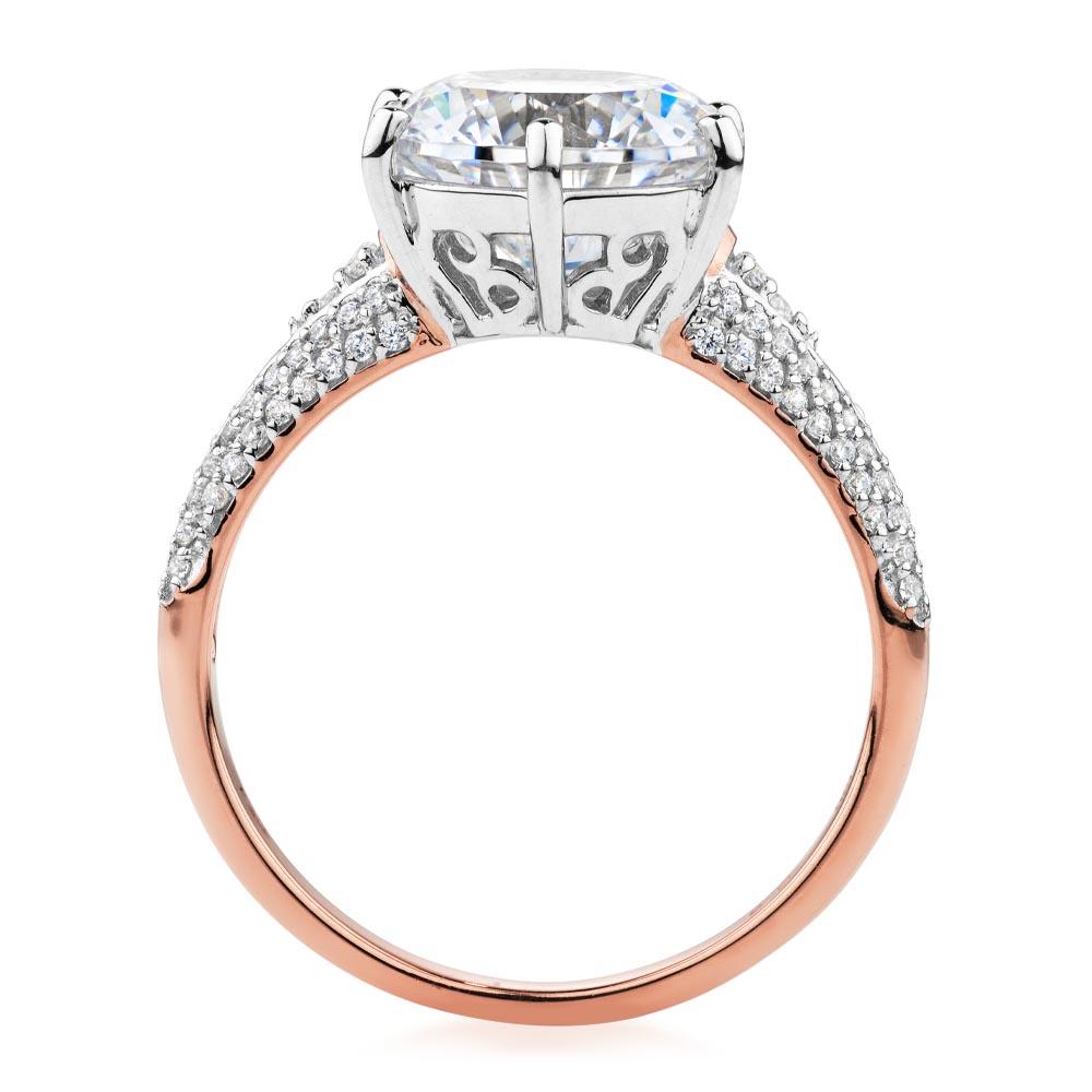 Round Brilliant shouldered engagement ring with 4.08 carats* of diamond simulants in 10 carat rose and white gold