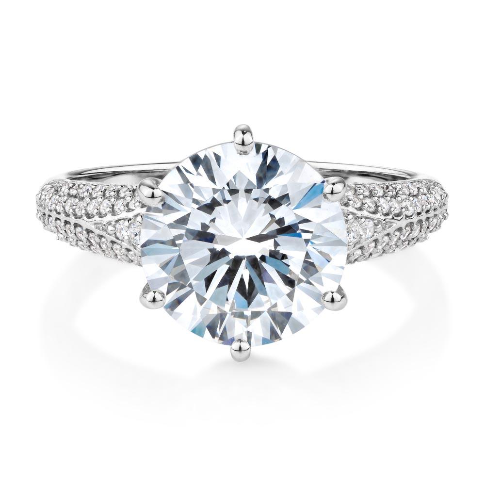 Round Brilliant shouldered engagement ring with 4.08 carats* of diamond simulants in 10 carat white gold