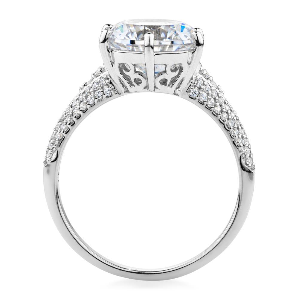 Round Brilliant shouldered engagement ring with 4.08 carats* of diamond simulants in 10 carat white gold