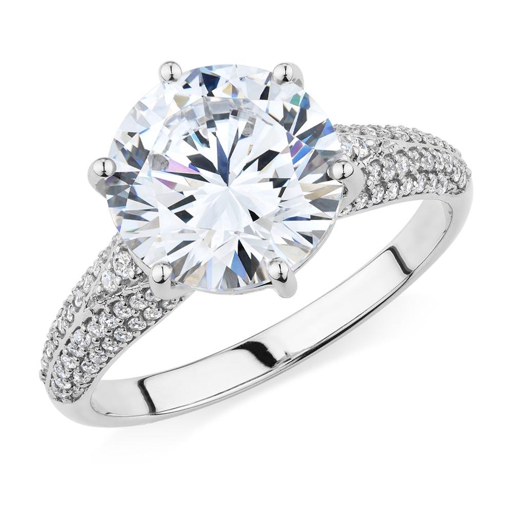 Round Brilliant shouldered engagement ring with 4.08 carats* of diamond simulants in 10 carat white gold