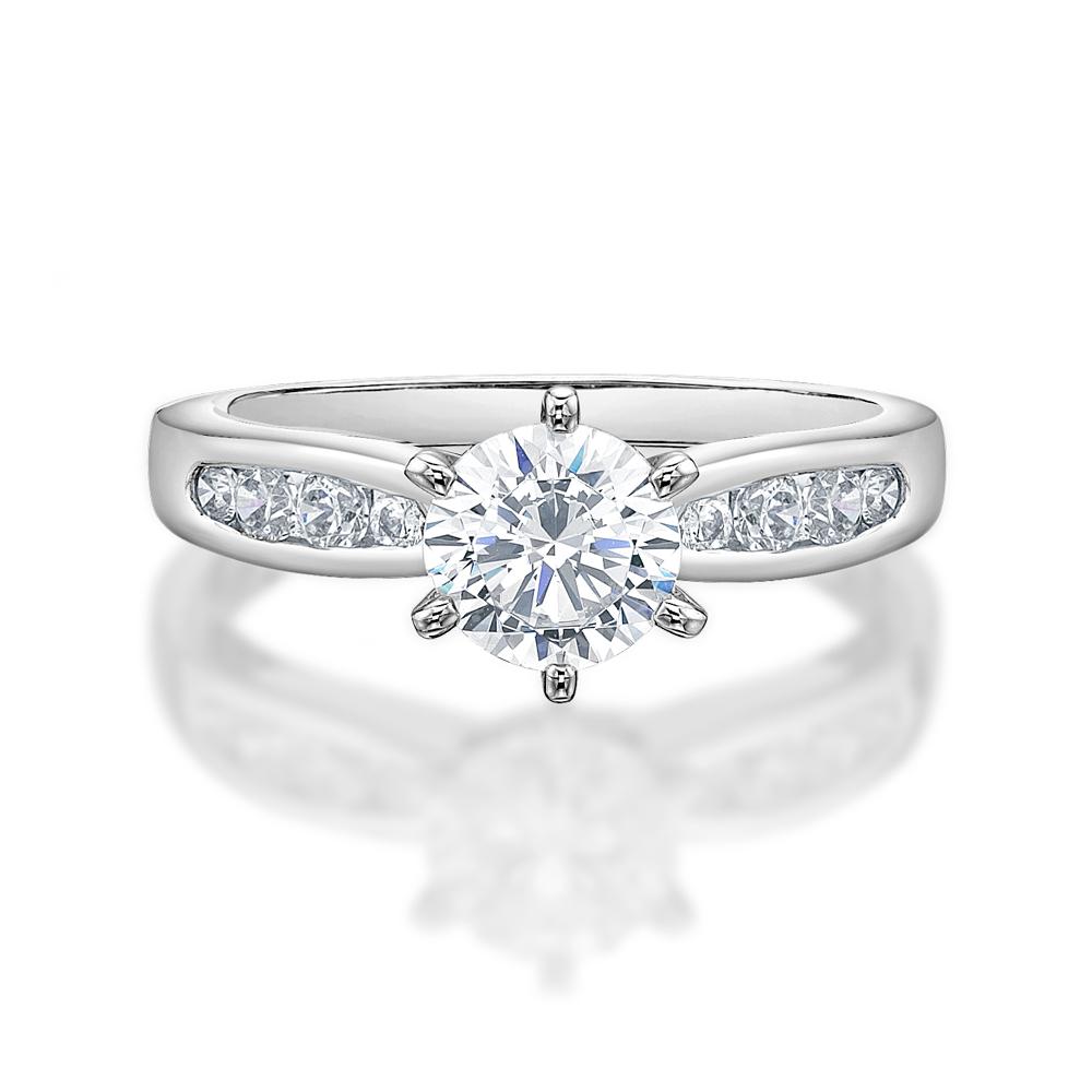 Round Brilliant shouldered engagement ring with 1.23 carats* of diamond simulants in 14 carat white gold