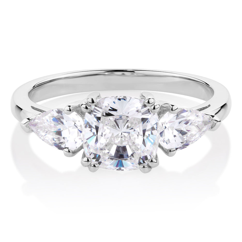 Three stone ring with 2.5 carats* of diamond simulants in 10 carat white gold