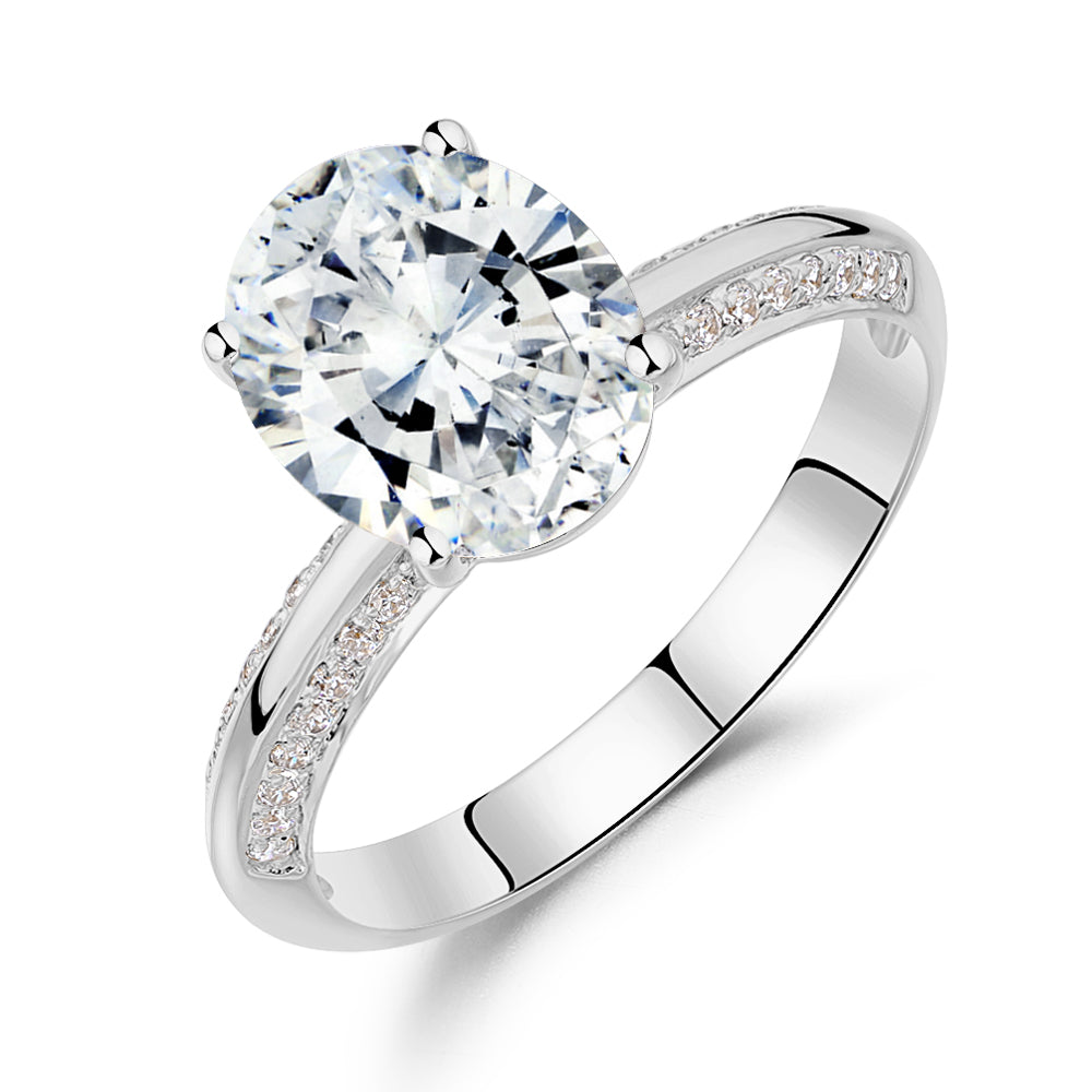 Oval and Round Brilliant shouldered engagement ring with 2.74 carats* of diamond simulants in 14 carat white gold