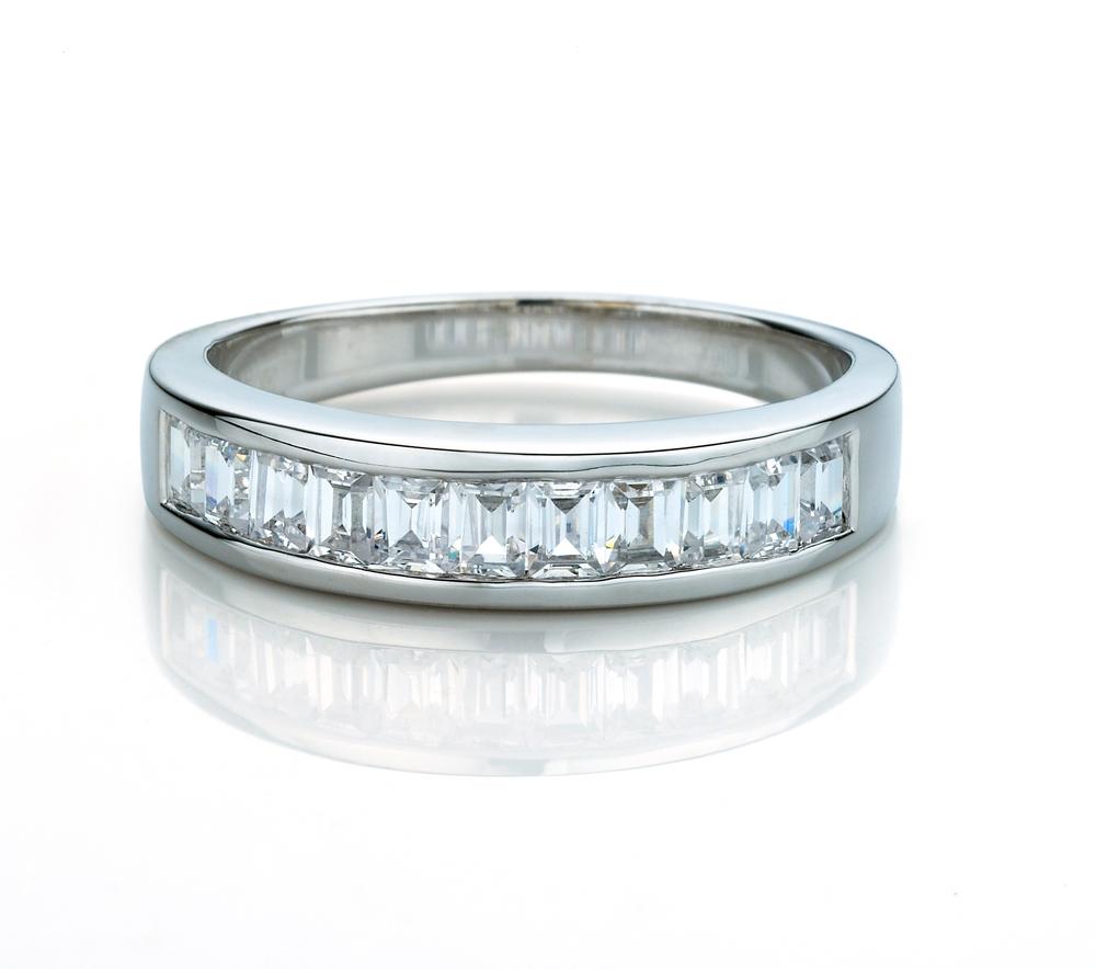 Wedding or eternity band with 0.66 carats* of diamond simulants in 14 carat white gold