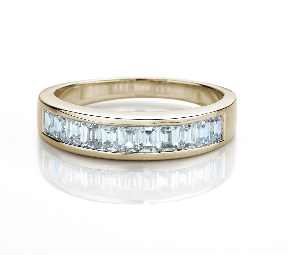 Wedding or eternity band with 0.66 carats* of diamond simulants in 14 carat yellow gold