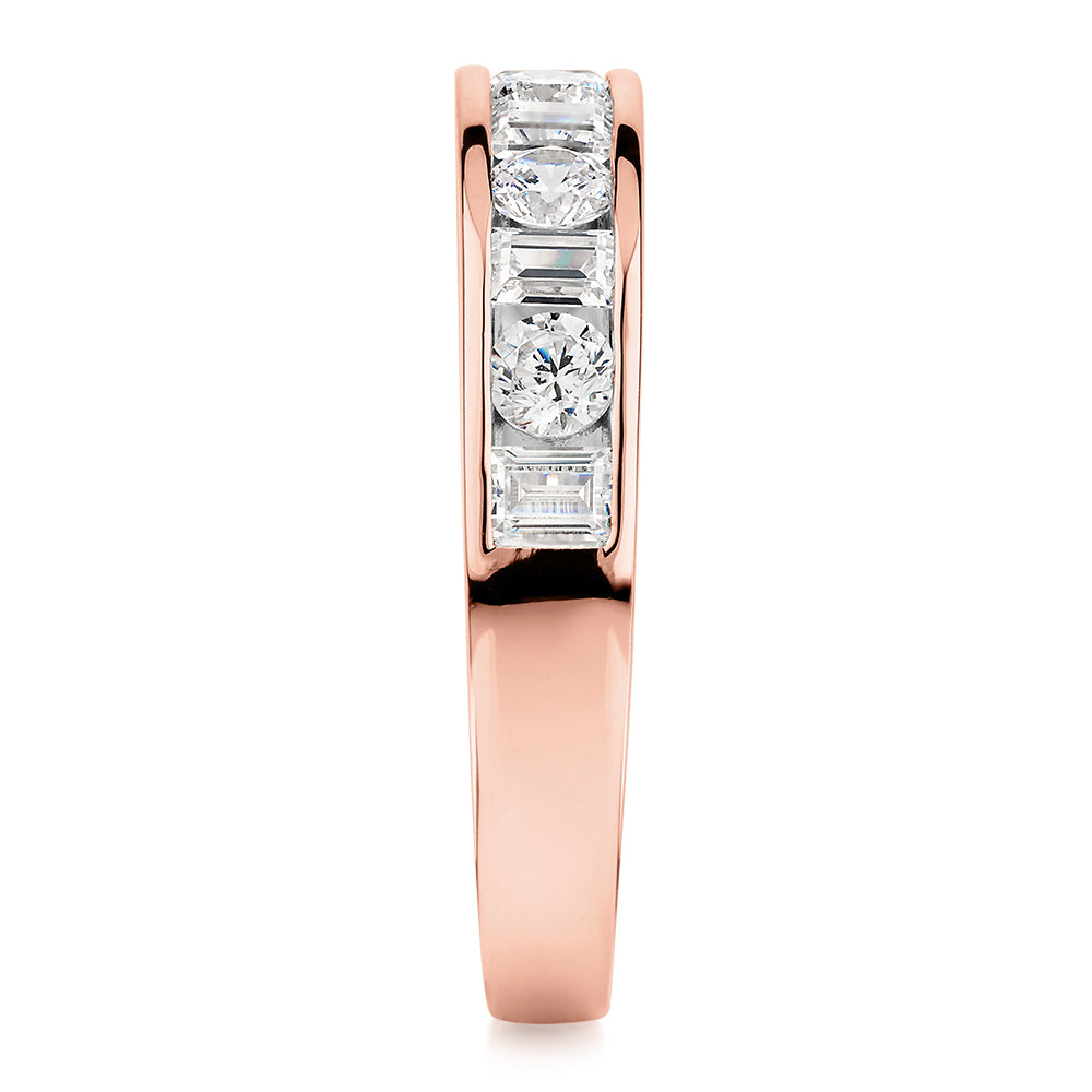 Round Brilliant wedding or eternity band with 0.76 carats* of diamond simulants in 14 carat rose gold