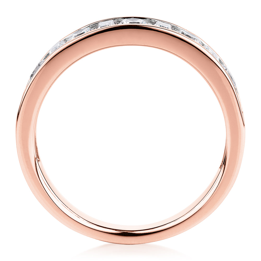 Round Brilliant wedding or eternity band with 0.76 carats* of diamond simulants in 14 carat rose gold