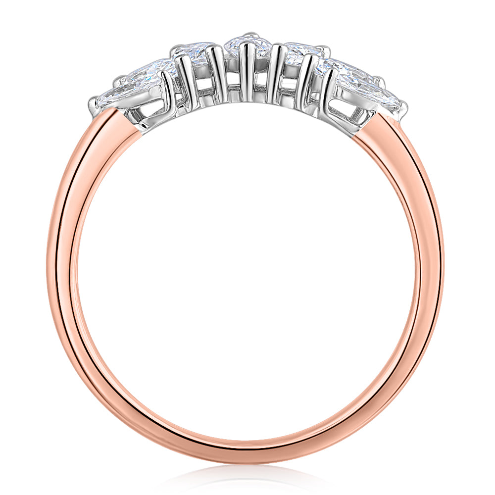 Curved wedding or eternity band with 0.48 carats* of diamond simulants in 14 carat rose and white gold