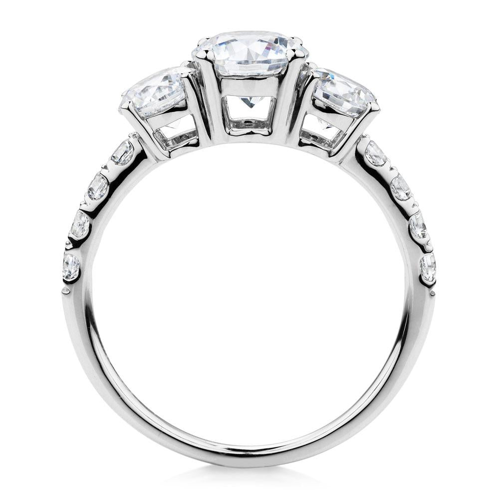 Three stone ring with 2.19 carats* of diamond simulants in 10 carat white gold