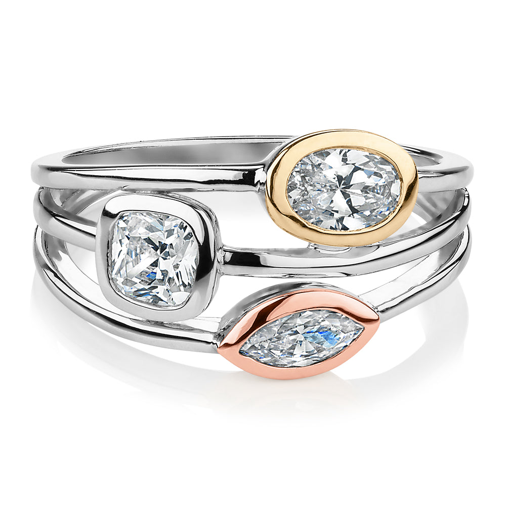 Dress ring with carats* of diamond simulants in 10 carat yellow gold,  rose gold and sterling silver