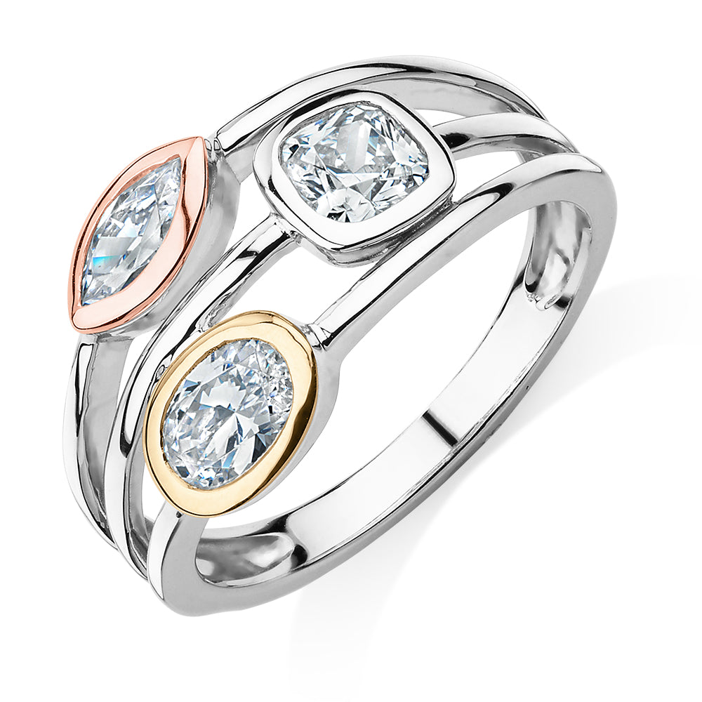 Dress ring with 1.04 carats* of diamond simulants in 10 carat yellow gold, rose gold and sterling silver