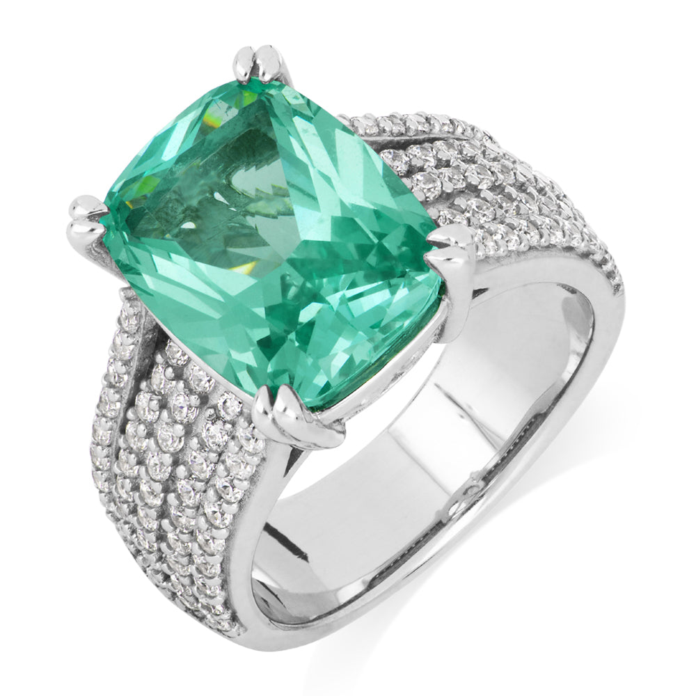 Dress ring with ocean green simulant and 0.90 carats* of diamond simulants in sterling silver