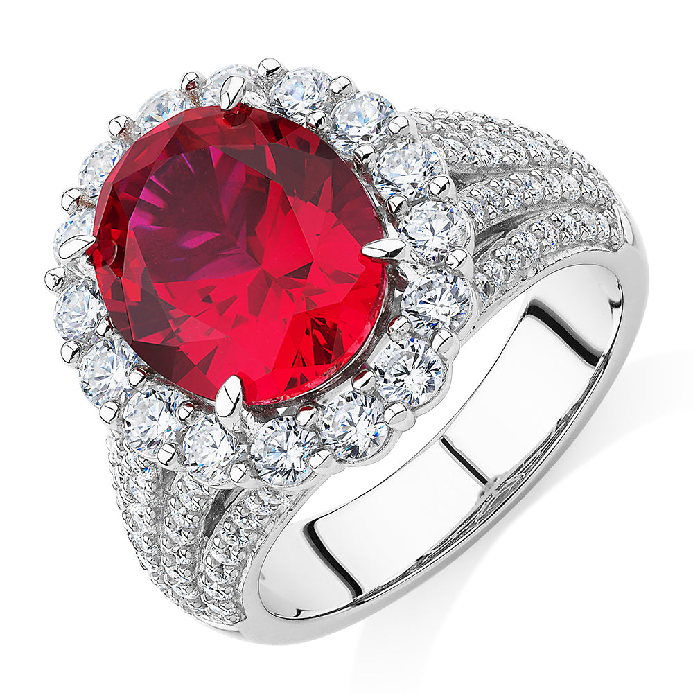 Dress ring with ruby simulant and 1.83 carats* of diamond simulants in sterling silver