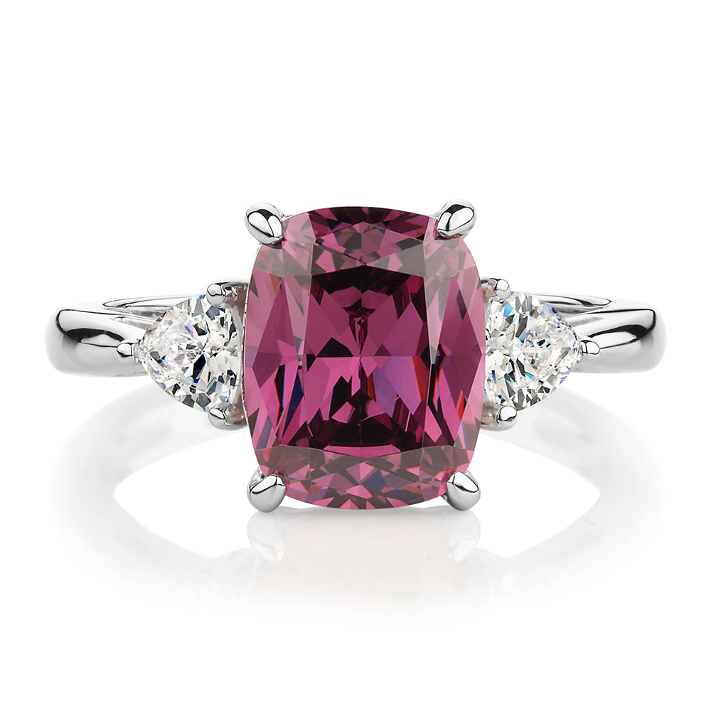 Dress ring with rhodolite simulant and 0.46 carats* of diamond simulants in sterling silver