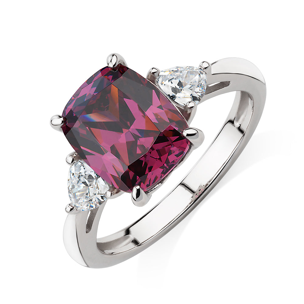 Dress ring with rhodolite simulant and 0.46 carats* of diamond simulants in sterling silver