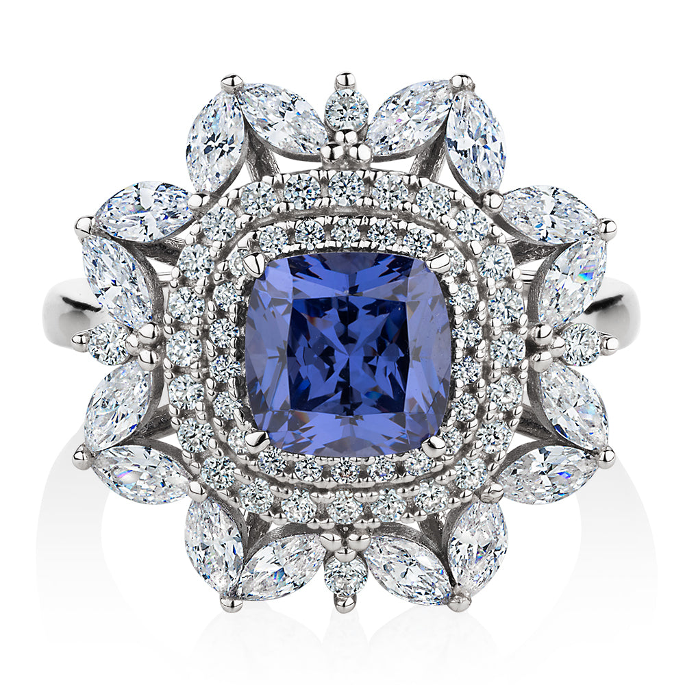 Dress ring with tanzanite simulant and 2.01 carats* of diamond simulants in sterling silver