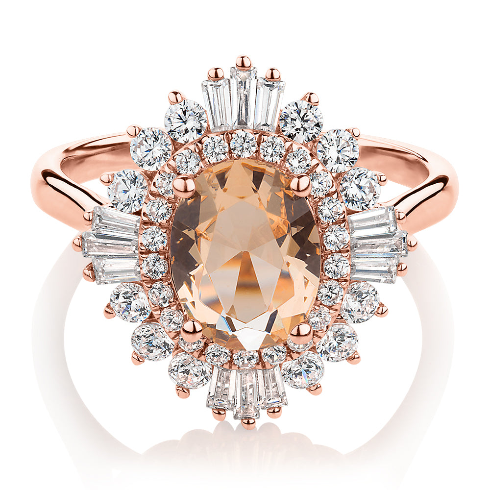 Dress ring with 9x7mm morganite simulant and 1.04 carats* of diamond simulants in 10 carat rose gold