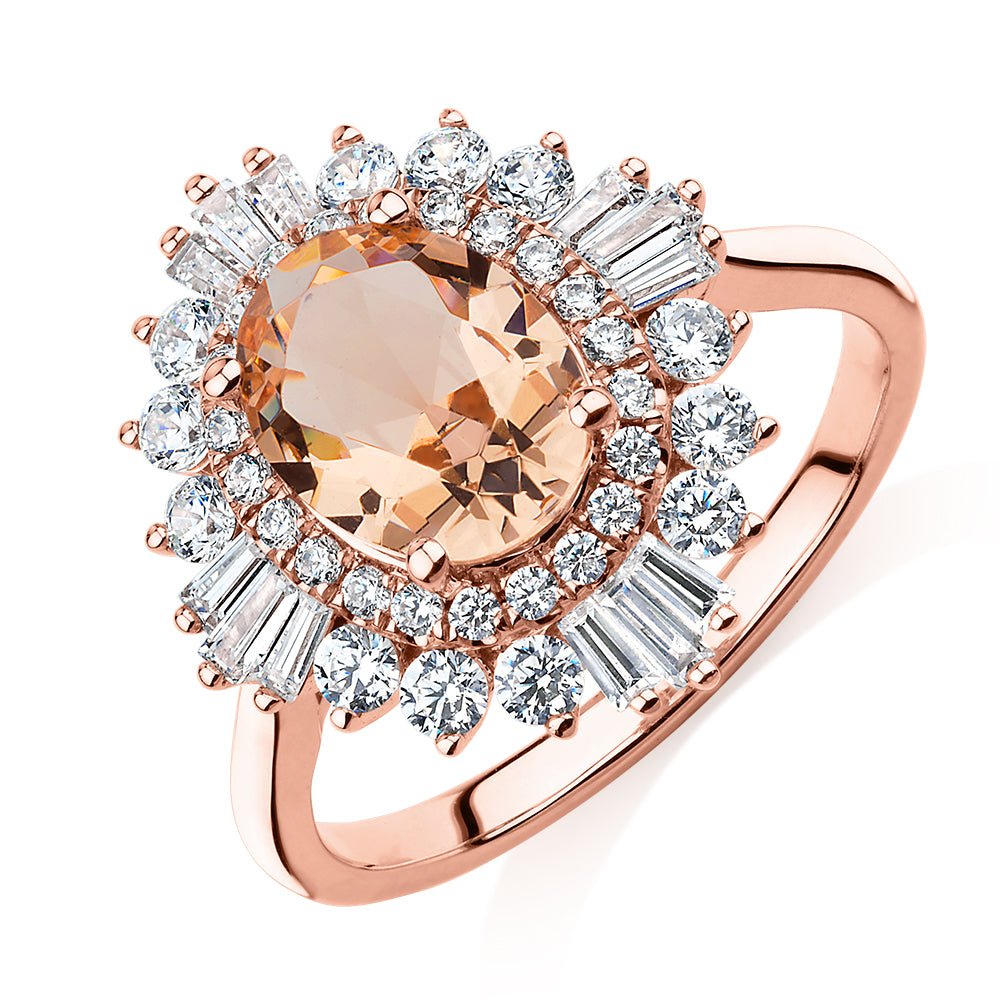 Dress ring with 9x7mm morganite simulant and 1.04 carats* of diamond simulants in 10 carat rose gold