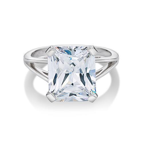 Radiant solitaire engagement ring with 6.79 carat* diamond simulant in 10 carat white gold