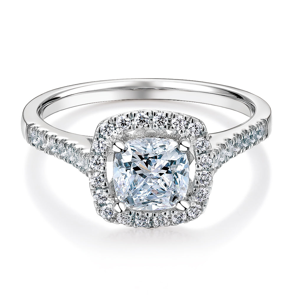 Cushion and Round Brilliant halo engagement ring with 1.08 carats* of diamond simulants in 14 carat white gold