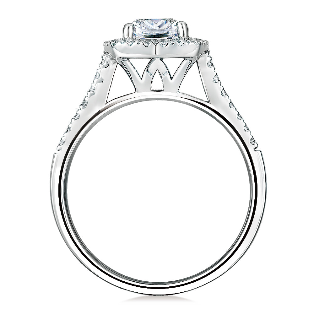 Cushion and Round Brilliant halo engagement ring with 1.08 carats* of diamond simulants in 14 carat white gold