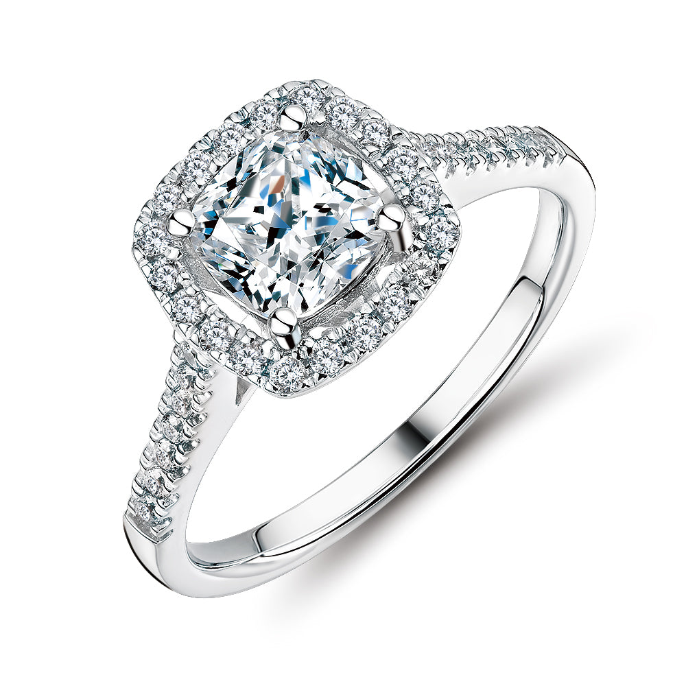 Cushion and Round Brilliant halo engagement ring with 1.08 carats* of diamond simulants in 14 carat white gold
