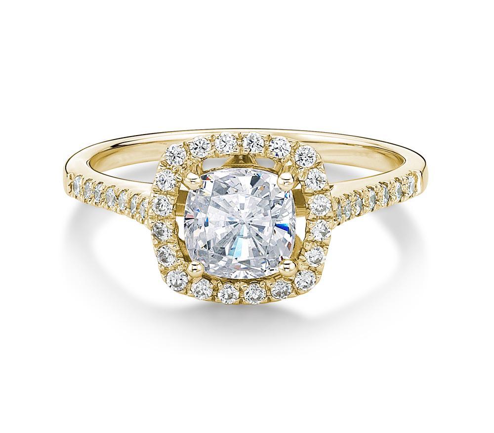 Cushion and Round Brilliant halo engagement ring with 1.08 carats* of diamond simulants in 14 carat yellow gold