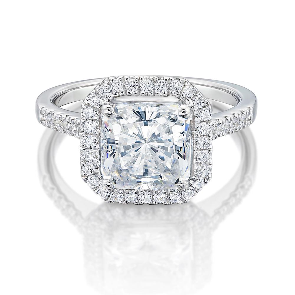 Princess Cut and Round Brilliant halo engagement ring with 3.28 carats* of diamond simulants in 14 carat white gold