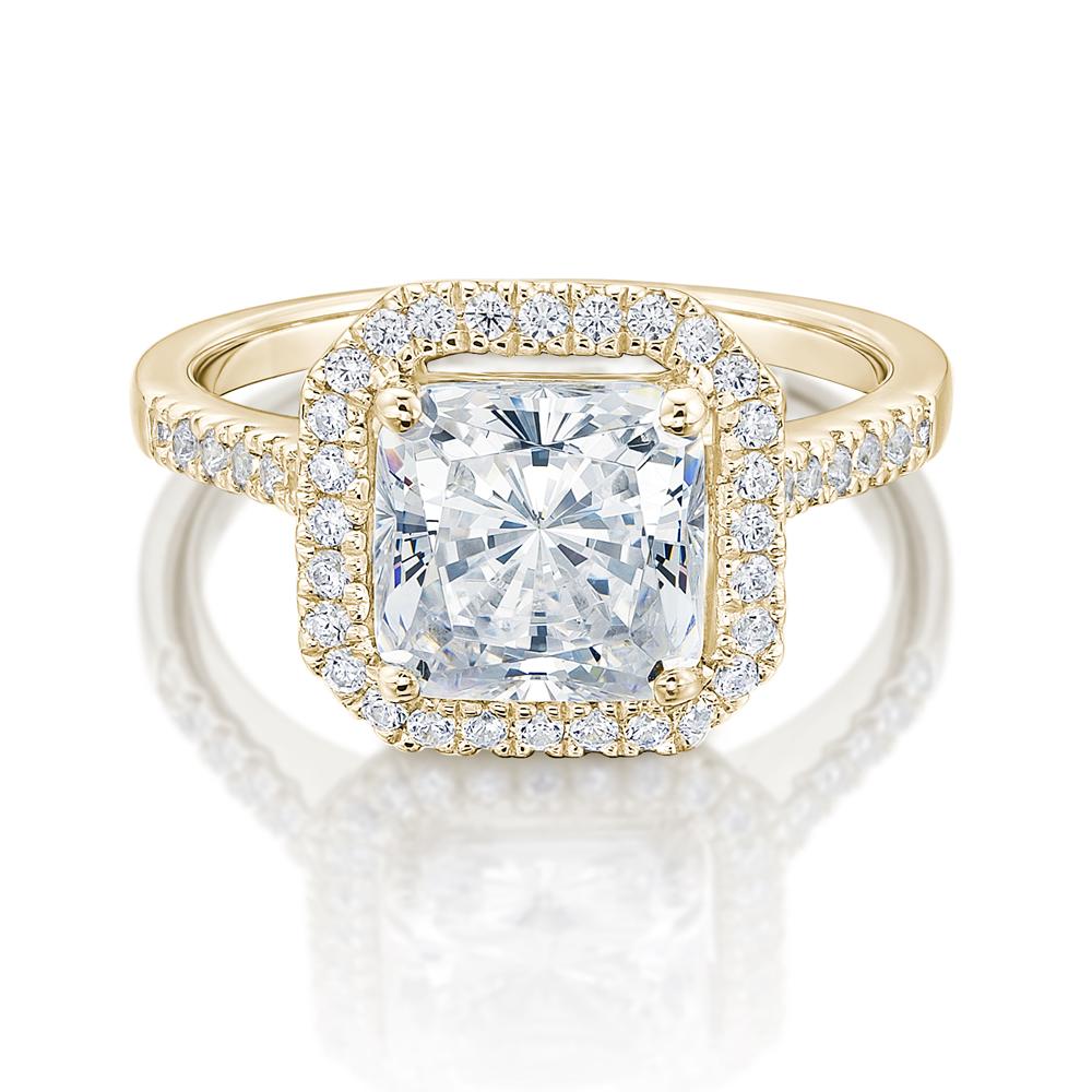 Princess Cut and Round Brilliant halo engagement ring with 3.28 carats* of diamond simulants in 14 carat yellow gold