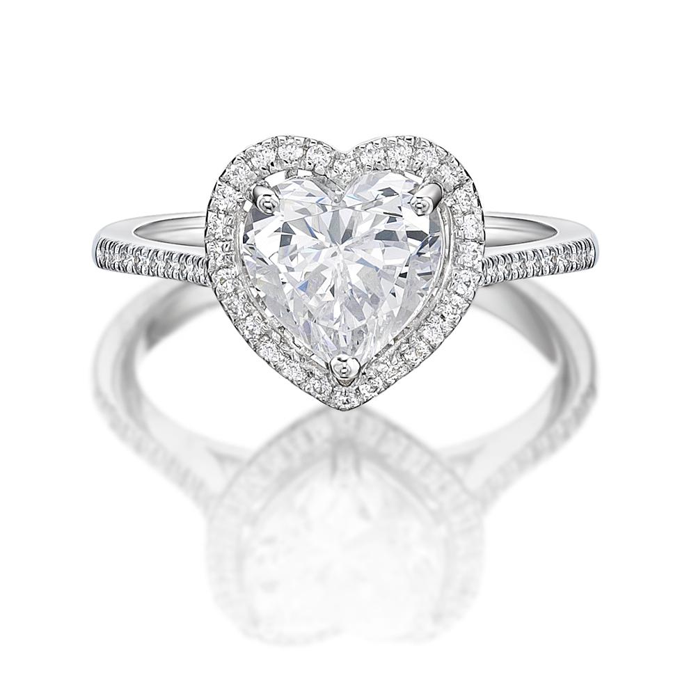 Heart and Round Brilliant halo engagement ring with 1.94 carats* of diamond simulants in 14 carat white gold