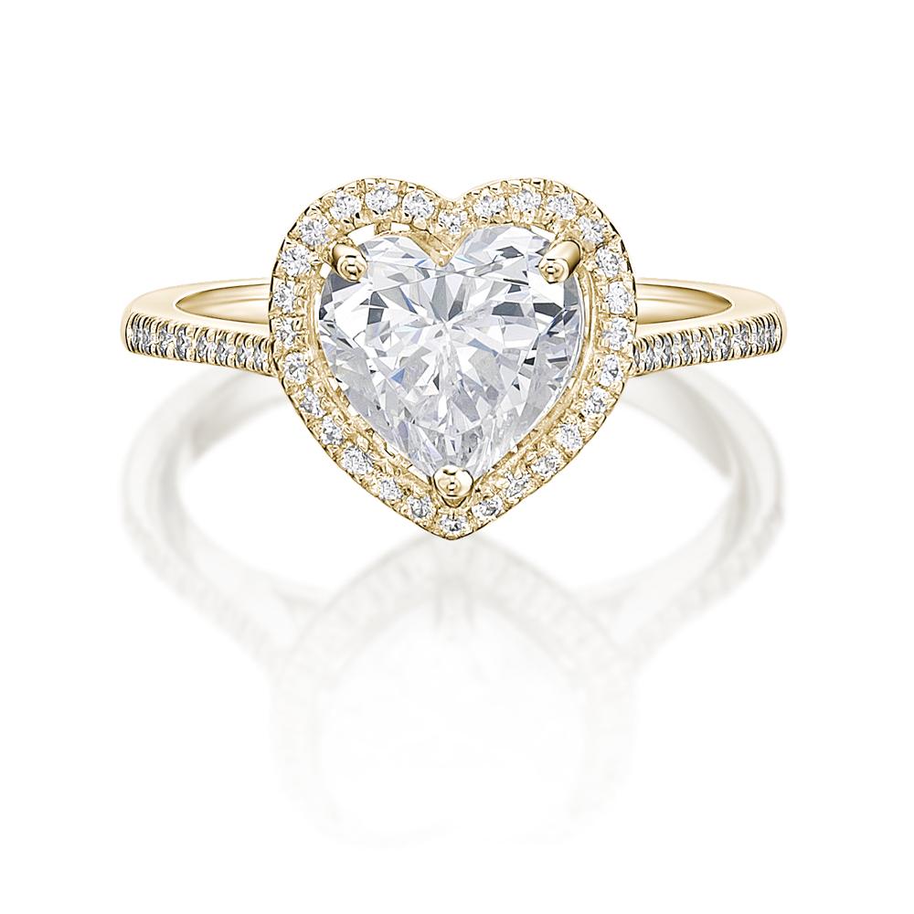 Heart and Round Brilliant halo engagement ring with 1.94 carats* of diamond simulants in 14 carat yellow gold