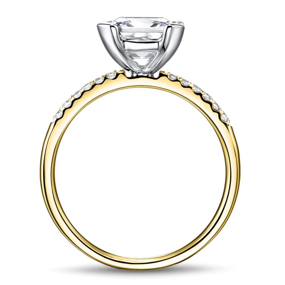 Radiant Cut and Round Brilliant shouldered engagement ring with 2.48 carats* of diamond simulants in 14 carat yellow and white gold