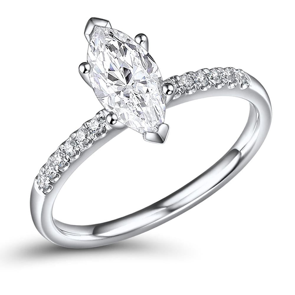 Marquise and Round Brilliant shouldered engagement ring with 1.03 carats* of diamond simulants in 14 carat white gold