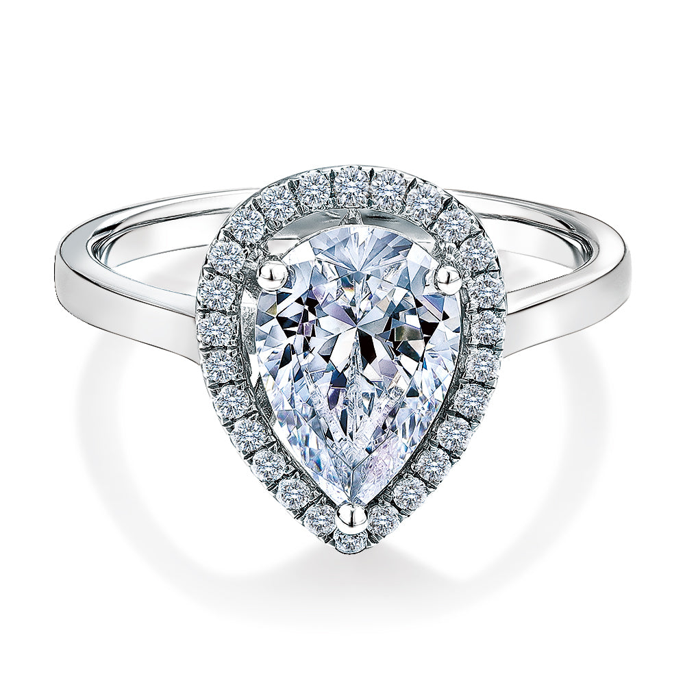 Pear and Round Brilliant halo engagement ring with 1.99 carats* of diamond simulants in 10 carat white gold