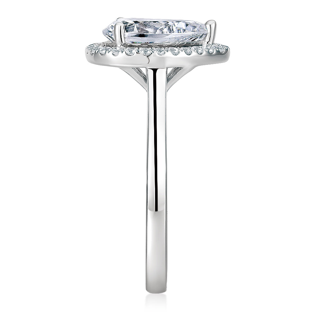 Pear and Round Brilliant halo engagement ring with 1.99 carats* of diamond simulants in 10 carat white gold
