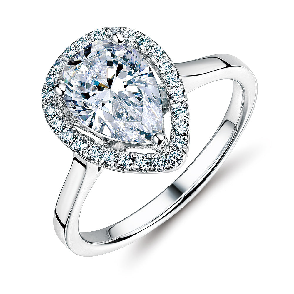 Pear and Round Brilliant halo engagement ring with 1.99 carats* of diamond simulants in 10 carat white gold