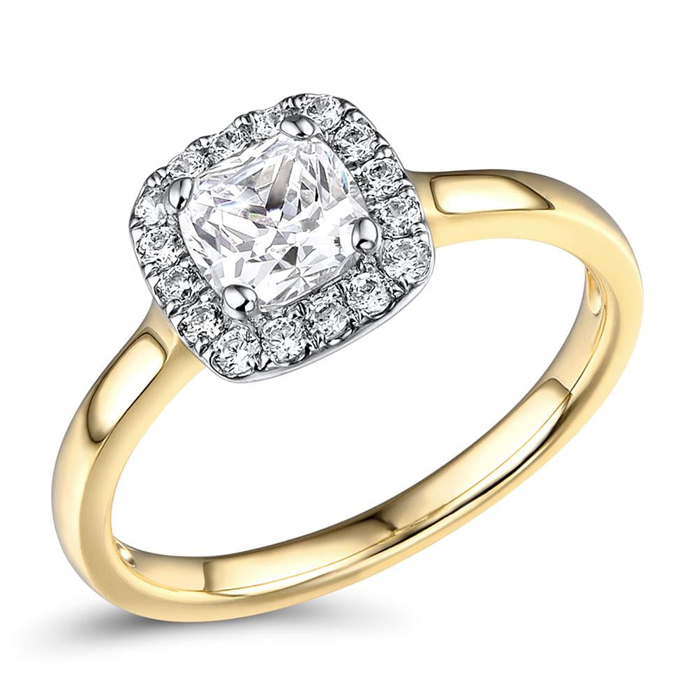 Cushion and Round Brilliant halo engagement ring with 0.9 carats* of diamond simulants in 14 carat yellow and white gold