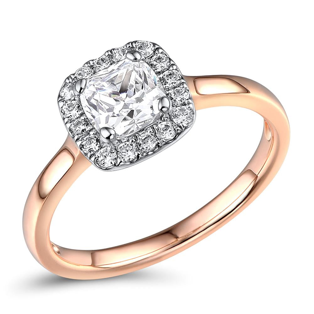 Cushion and Round Brilliant halo engagement ring with 0.9 carats* of diamond simulants in 14 carat rose and white gold