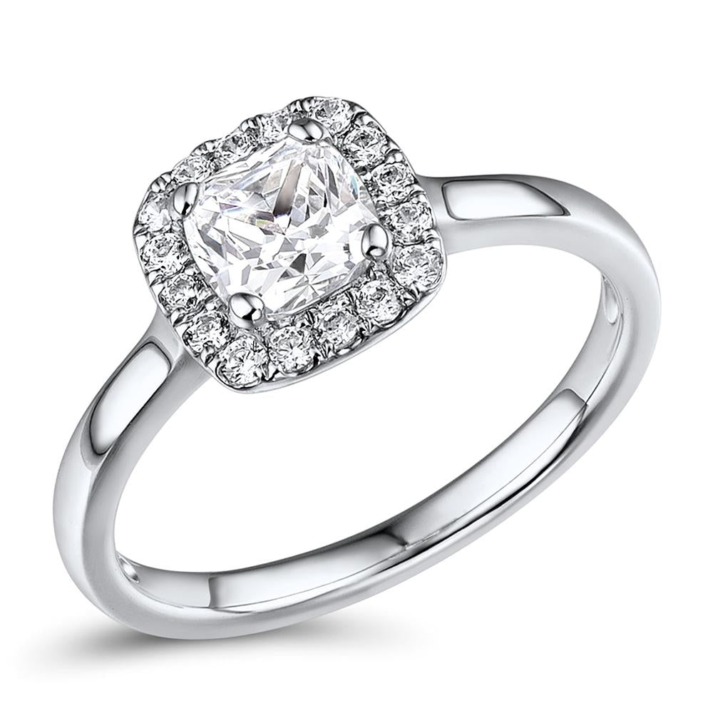 Cushion and Round Brilliant halo engagement ring with 0.9 carats* of diamond simulants in 14 carat white gold