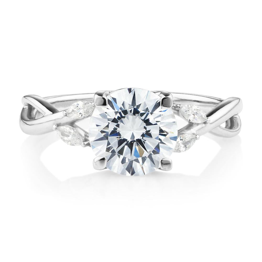 Round Brilliant and Marquise shouldered engagement ring with 2.14 carats* of diamond simulants in 14 carat white gold