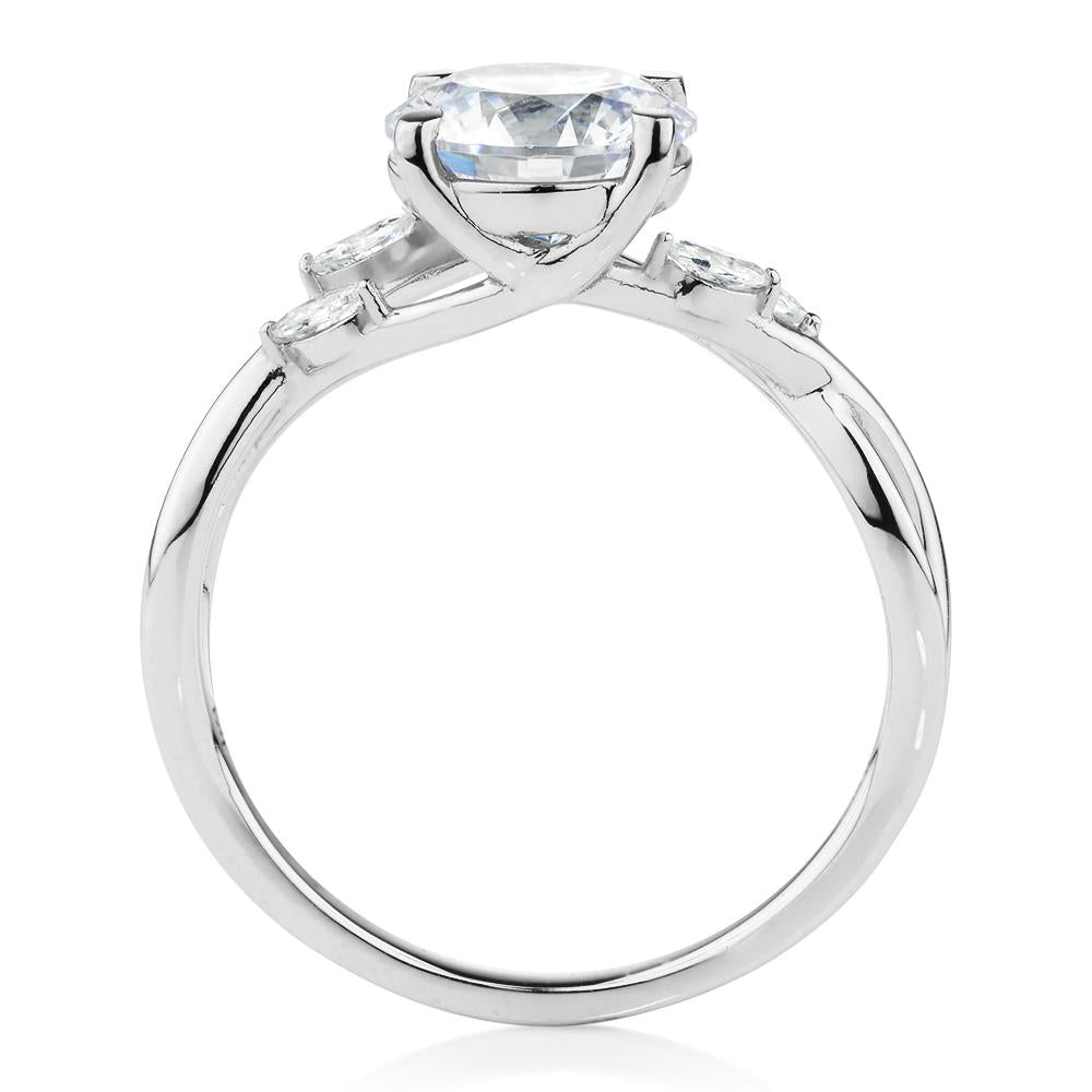 Round Brilliant and Marquise shouldered engagement ring with 2.14 carats* of diamond simulants in 14 carat white gold